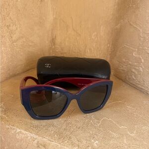 CHANEL Red and Blue Sunglasses with Black Case